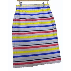 J Crew Striped Cotton‎ Pencil Skirt With Fringe Hem Size 4 Preppy Primary Colors